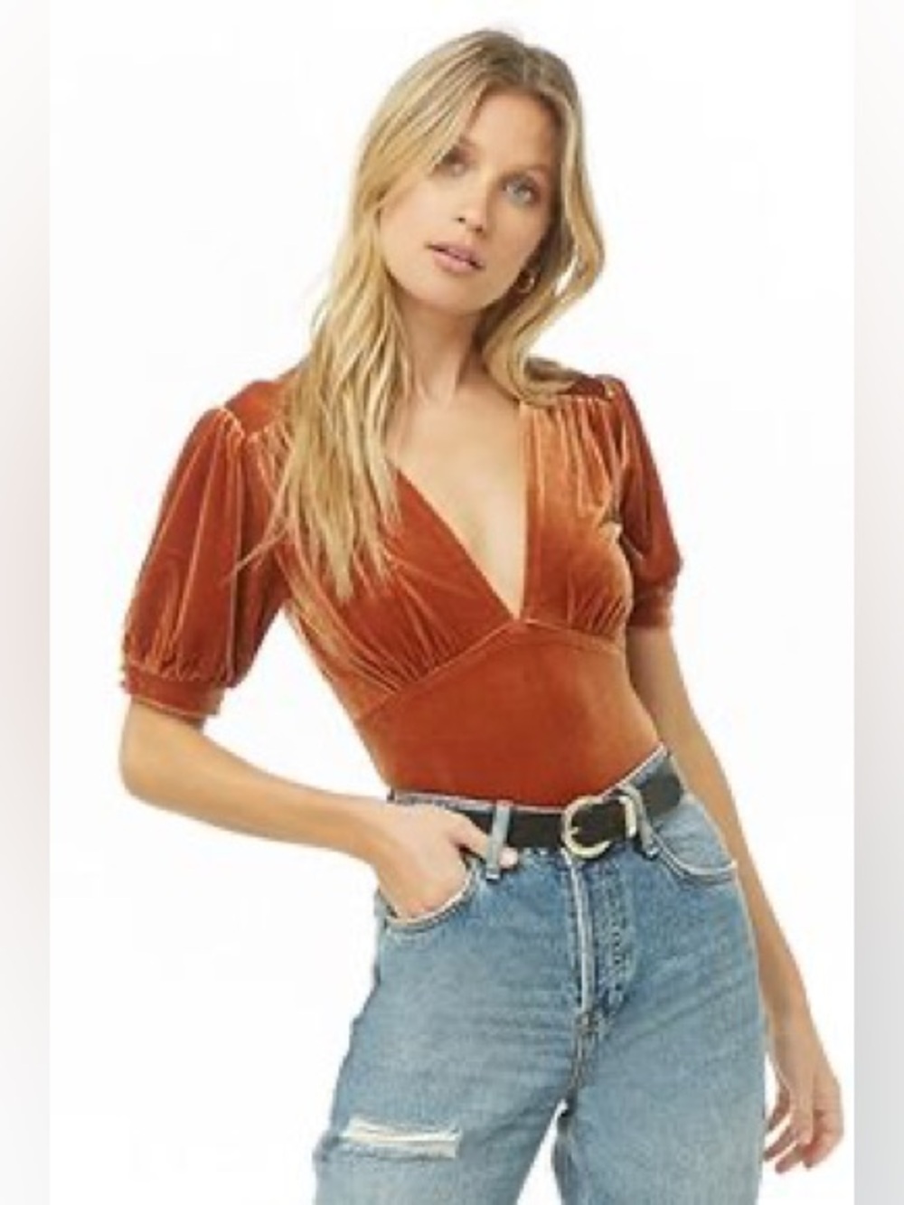 Forever 21 Rust Velvet V-Neck Bodysuit